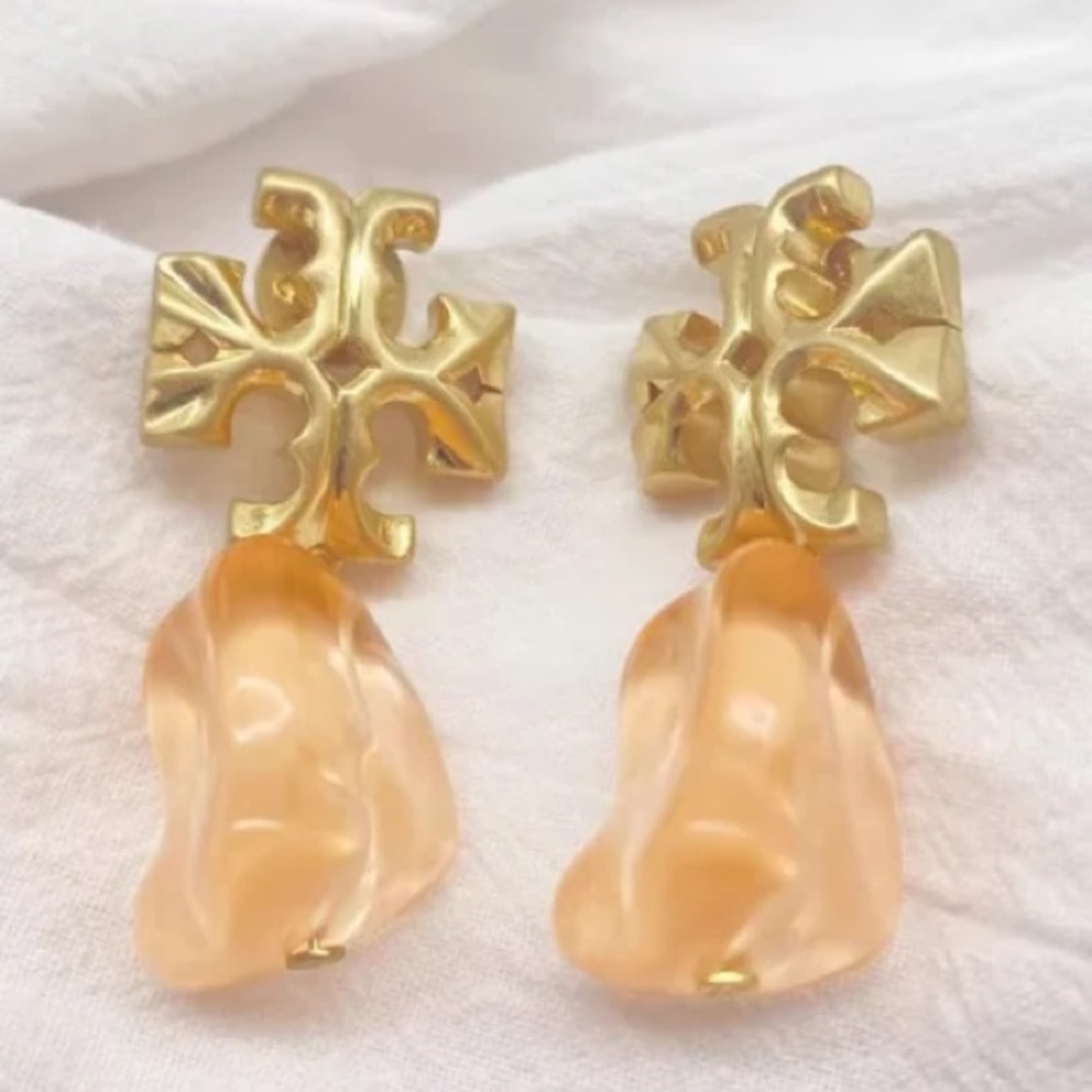 Tory Burch ROXANNE gold logo + orange ice cube drop & dangle statement earrings - Picture 11 of 12